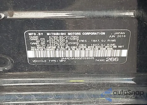 2016 Mitsubishi Outlander Sel z USA, uszkodzony, nr VIN JA4AD3A30GZ059505